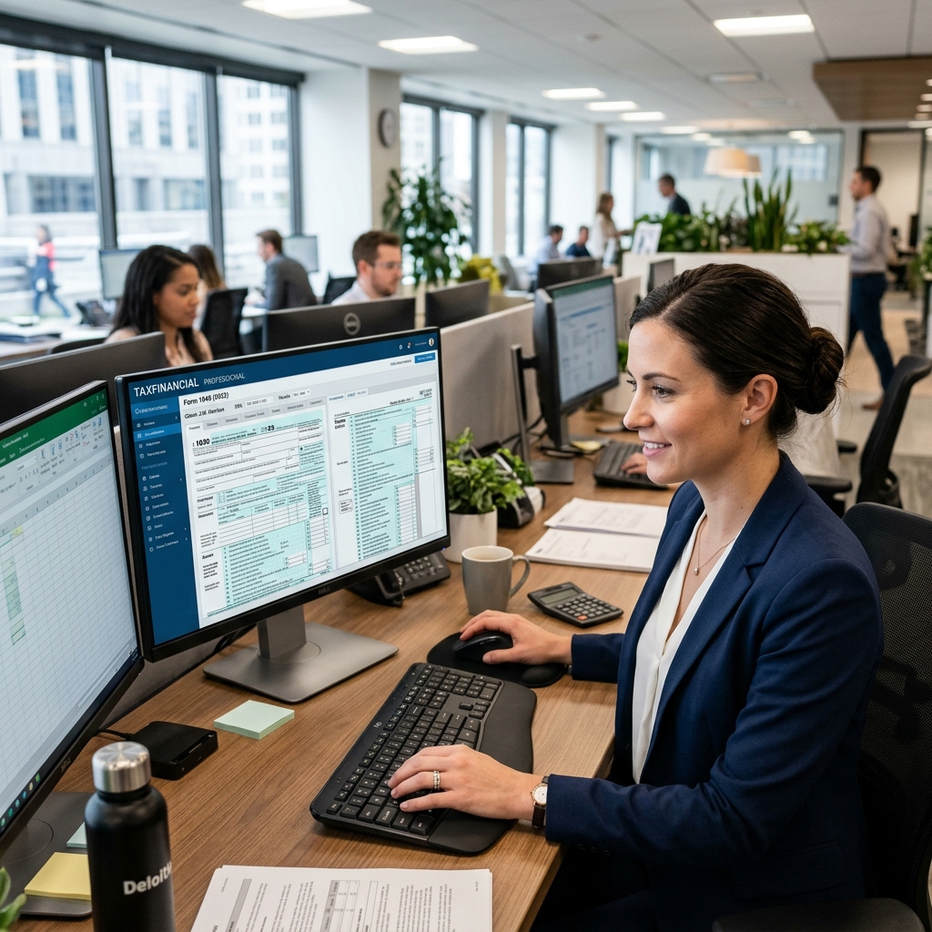 Profissional contábil utilizando sistema fiscal no monitor