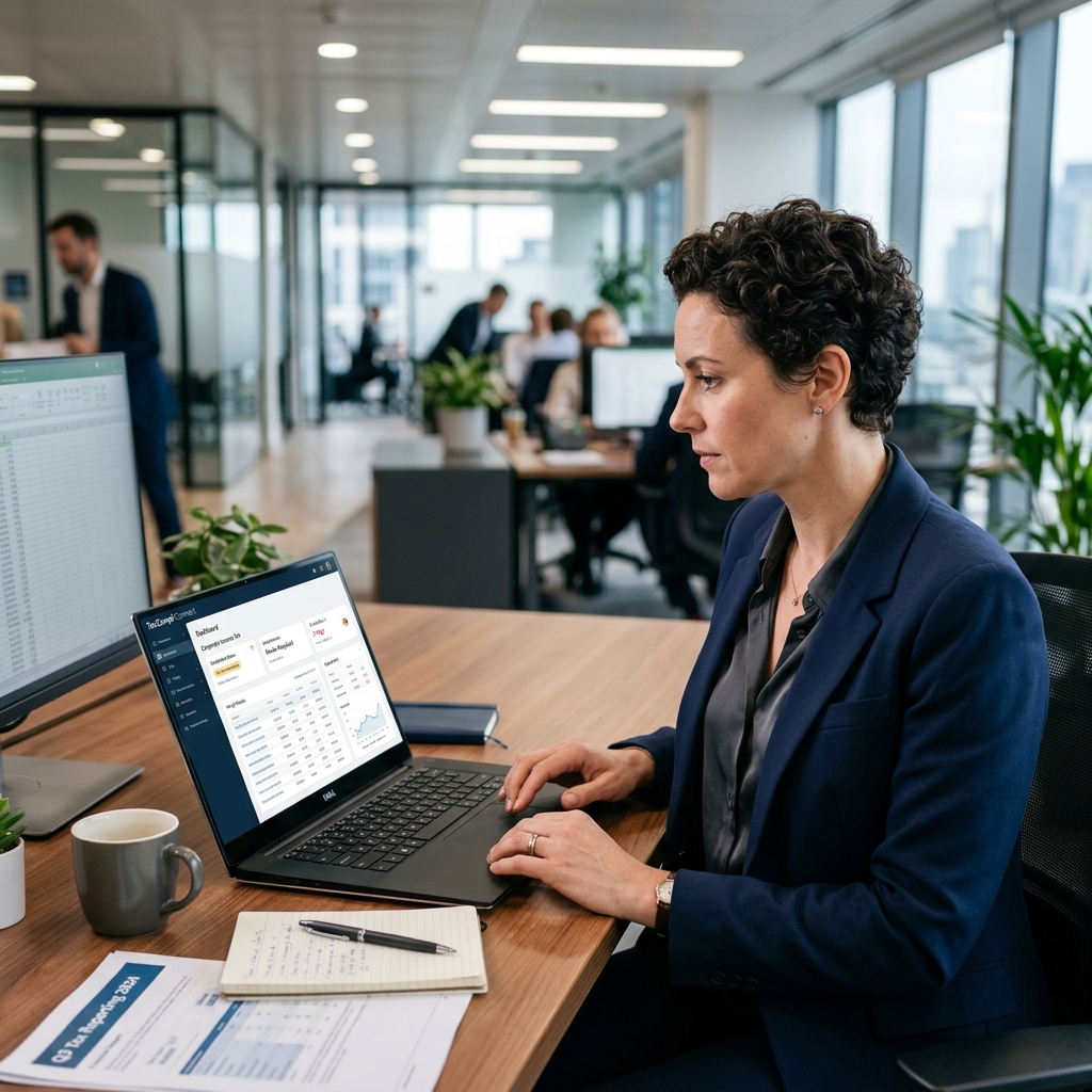Gestor financeiro revisando software tributário no notebook