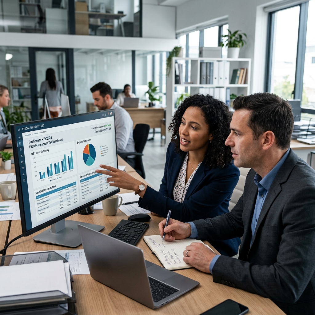 Equipe corporativa analisando sistema de gestão fiscal