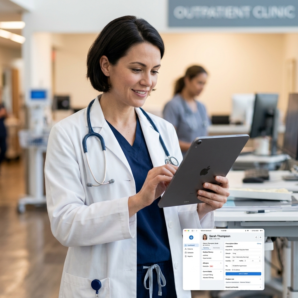 Médico usando computador em consultório