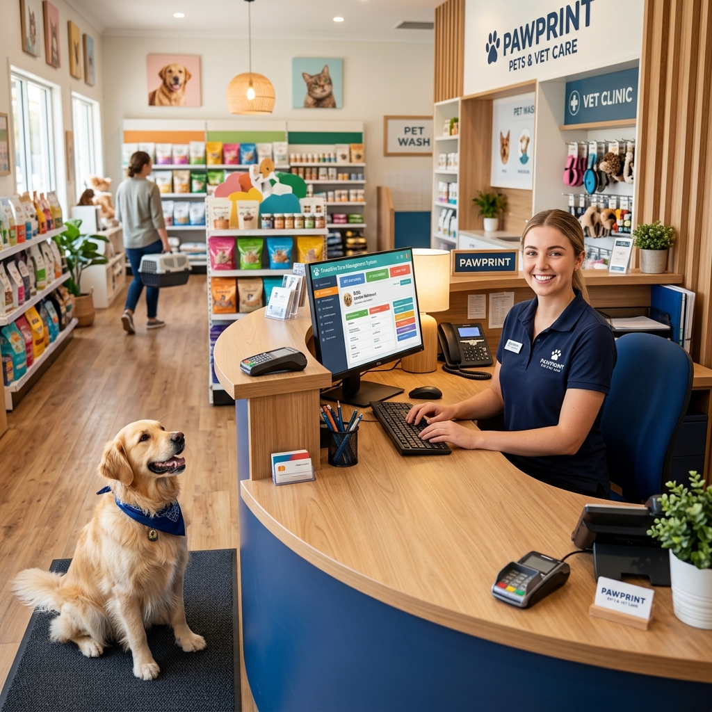 Funcionário de pet shop usando nosso sistema